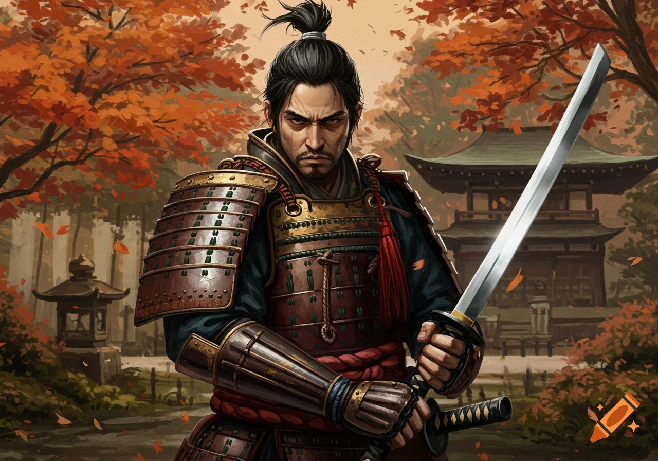 A samurai in armor holds a sword in an autumn Japanese garden with a pagoda.