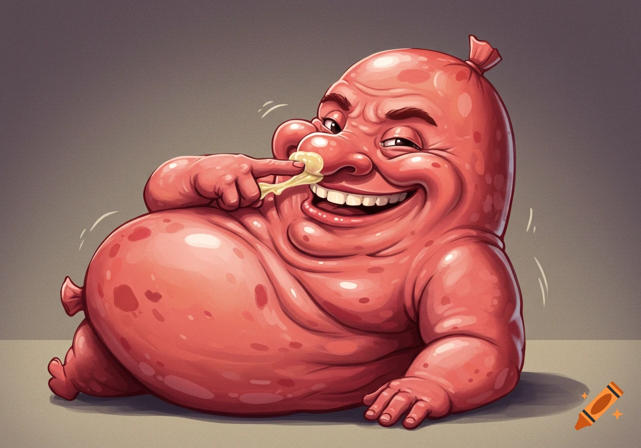 Cartoon character resembling a smiling sausage picks its nose.