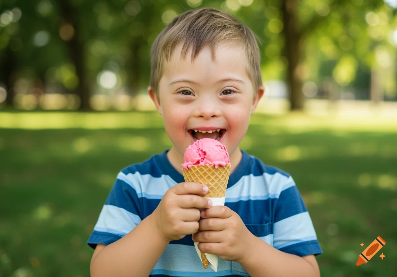 A young boy with Down syndrome smiles while holding an ice cream cone in a park.