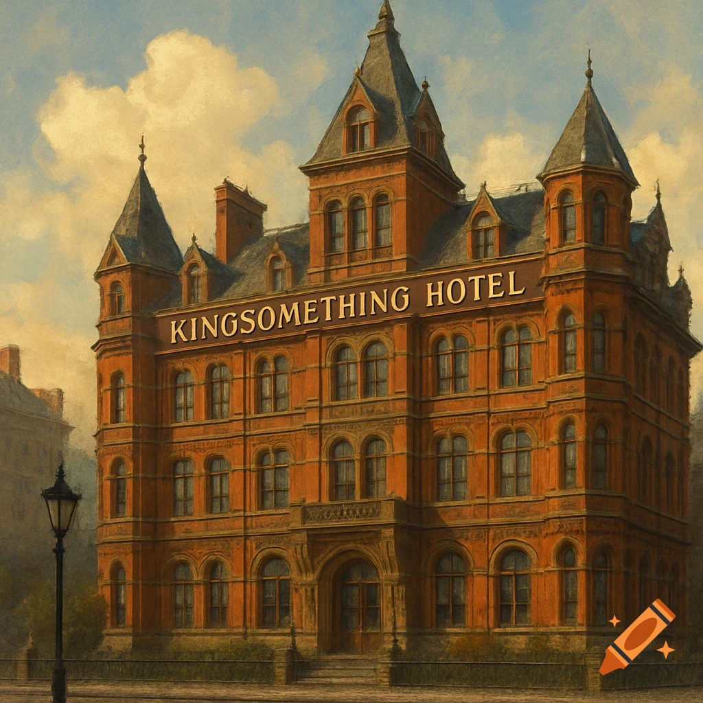 Painterly rendering of a large red brick hotel with spires and a sign.