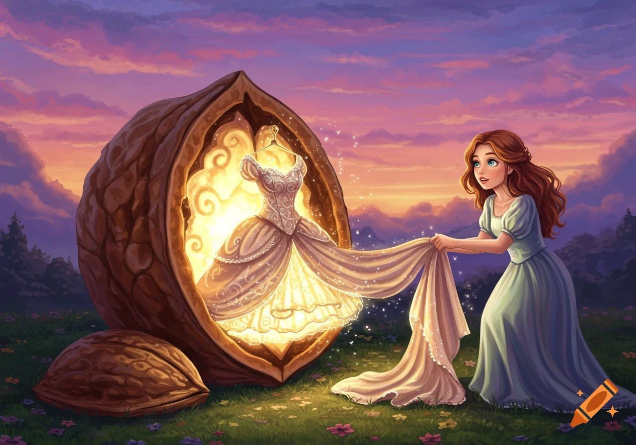 Fairytale girl pulls a glowing dress from a giant magical walnut at sunset