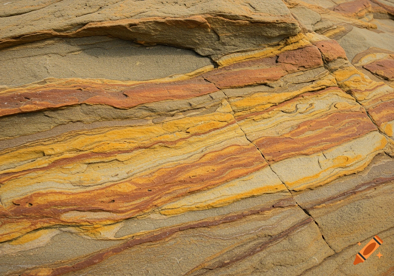 Close-up of sedimentary rock with orange and yellow wavy striations and cracks.