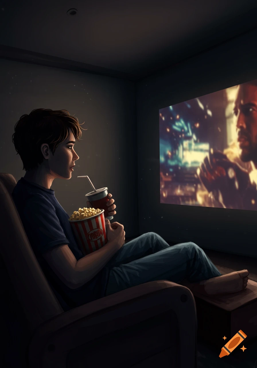 Person watching a movie in the dark with popcorn and a drink.
