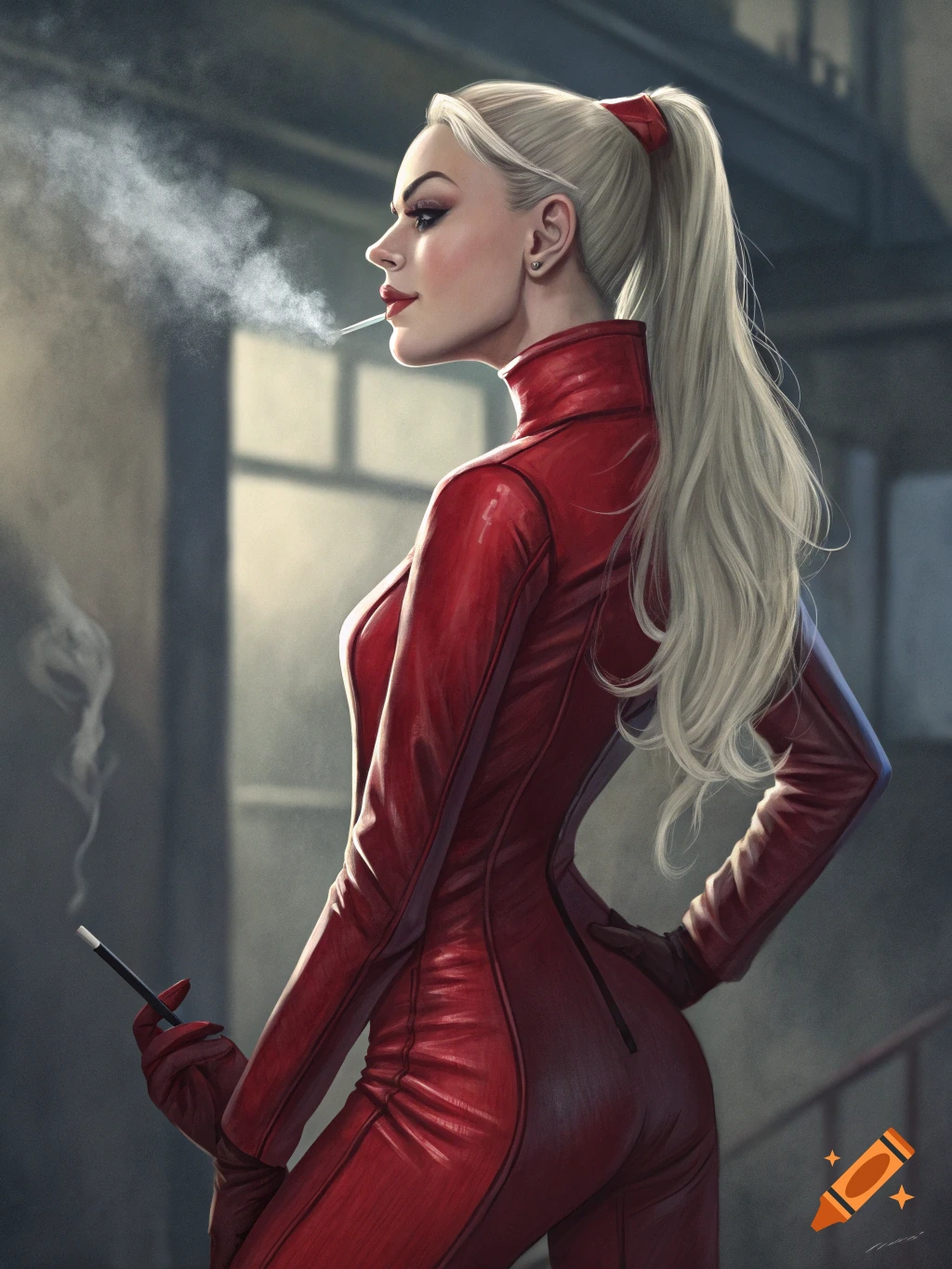 A realistic rendering of a woman in a red leather suit, smoking, inspired by Xenia Onatopp.