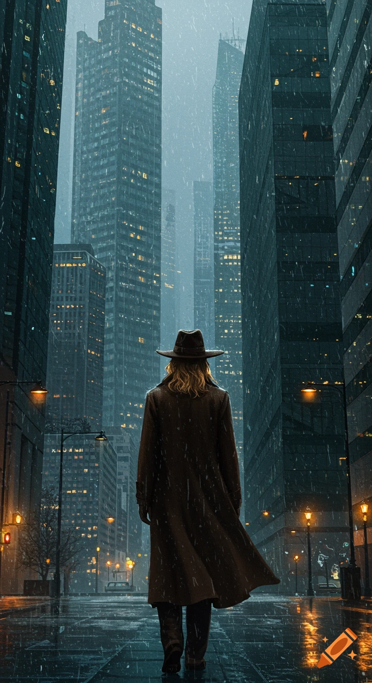 A man in a hat and coat walks away on a rainy city street between tall buildings.