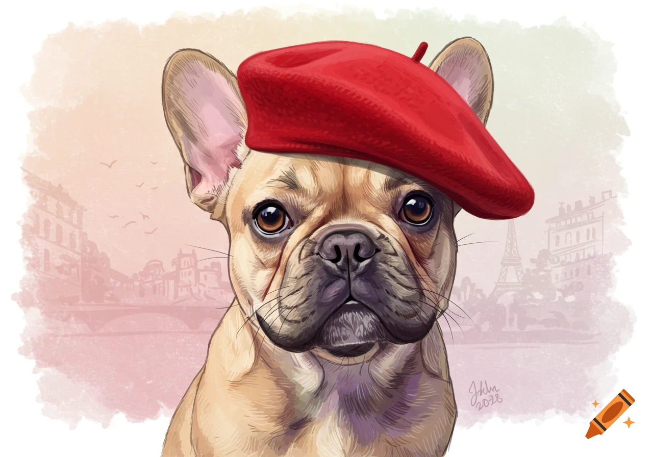 Illustration of a French bulldog wearing a red beret with a Paris background