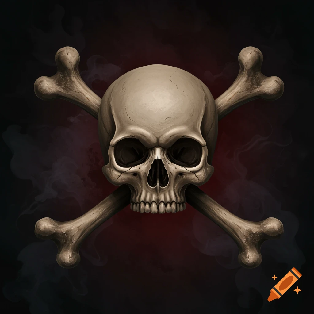 Stylized skull and crossed bones on a dark smoky background.