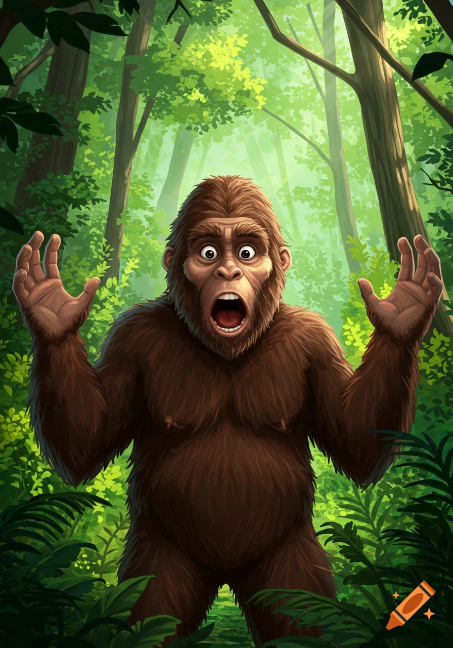Illustration of a cartoon Bigfoot with a surprised face in a forest.