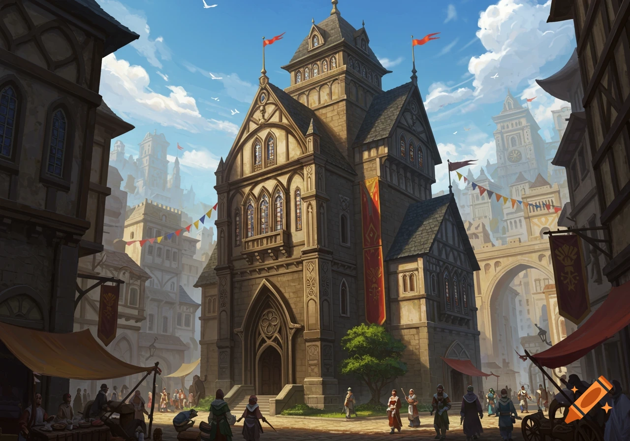 A large fantasy city building overlooking a bustling marketplace street ...