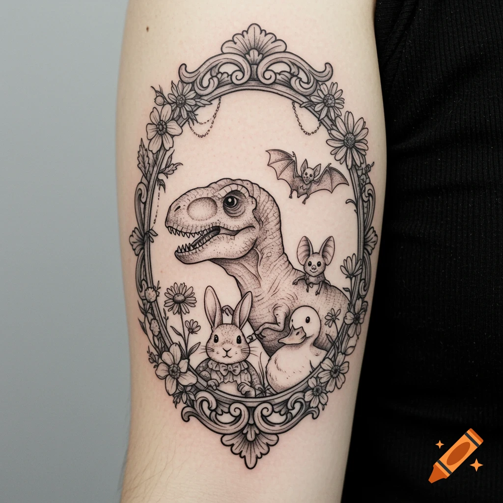 Black and grey tattoo design of a dinosaur, bat, bunny, and duck in an oval floral frame.