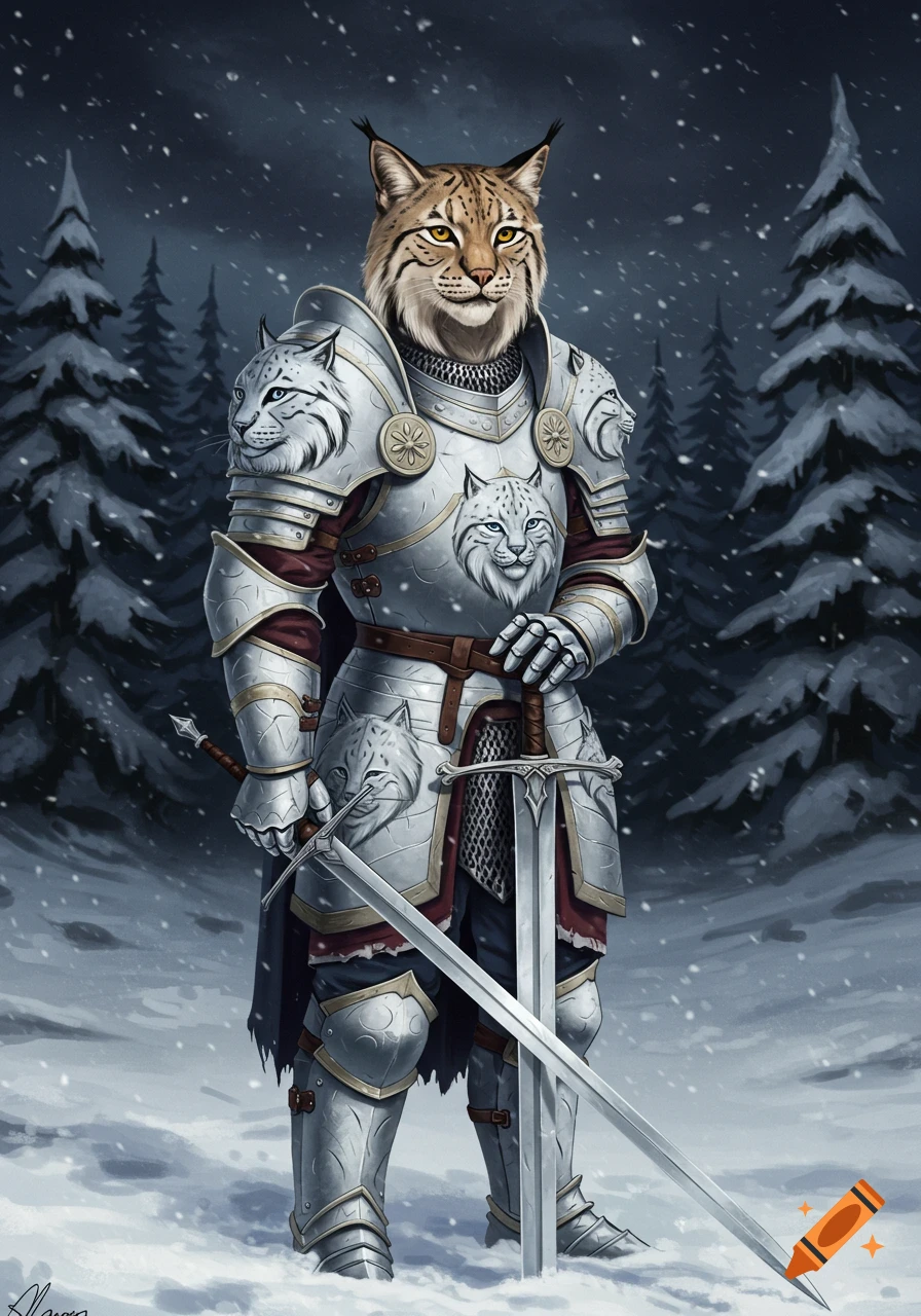 A bobcat knight in silver fantasy armor stands in a snowy forest ...