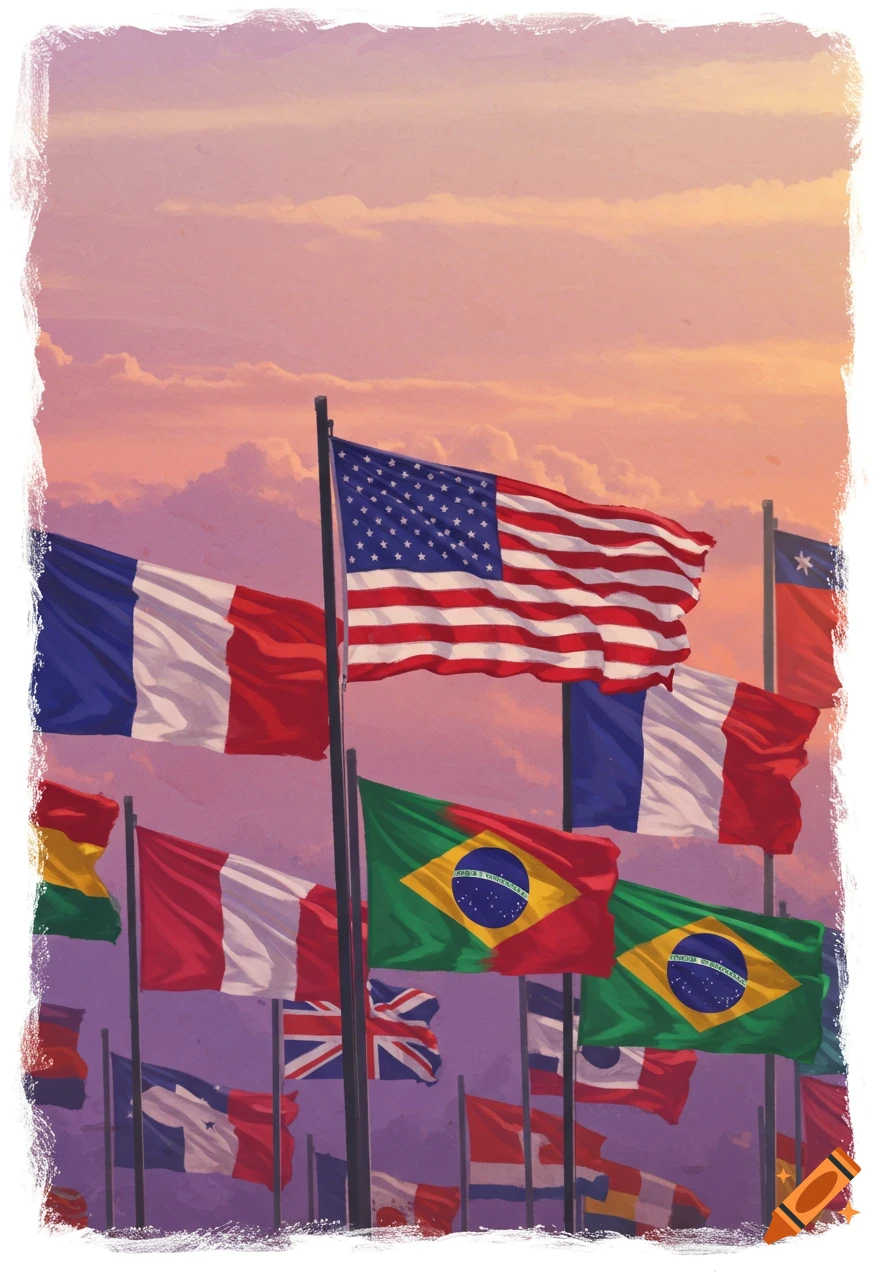 Multiple national flags including the US, France, and Brazil waving against a colorful sunset sky in a painterly style.