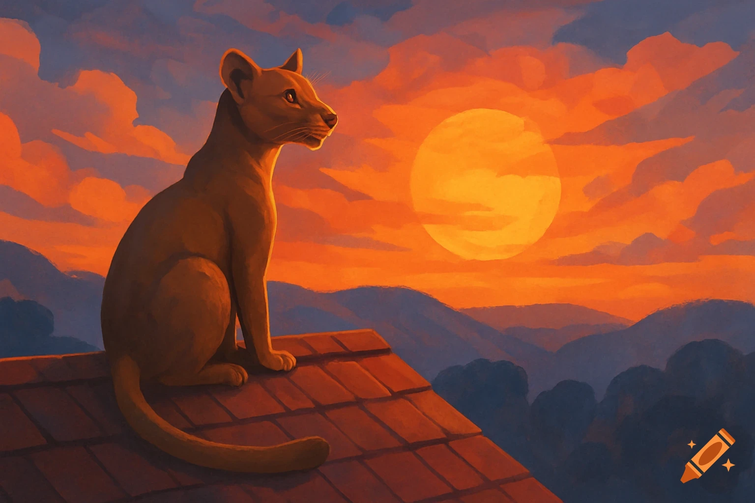Stylized painting of a feline sitting on a roof, watching a vibrant sunset over mountains.