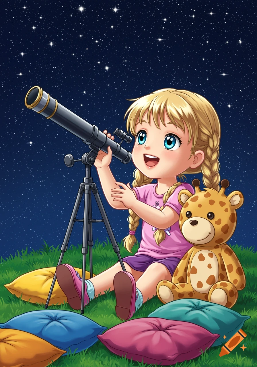 Anime illustration of a girl and her teddy bear looking at stars with a telescope.