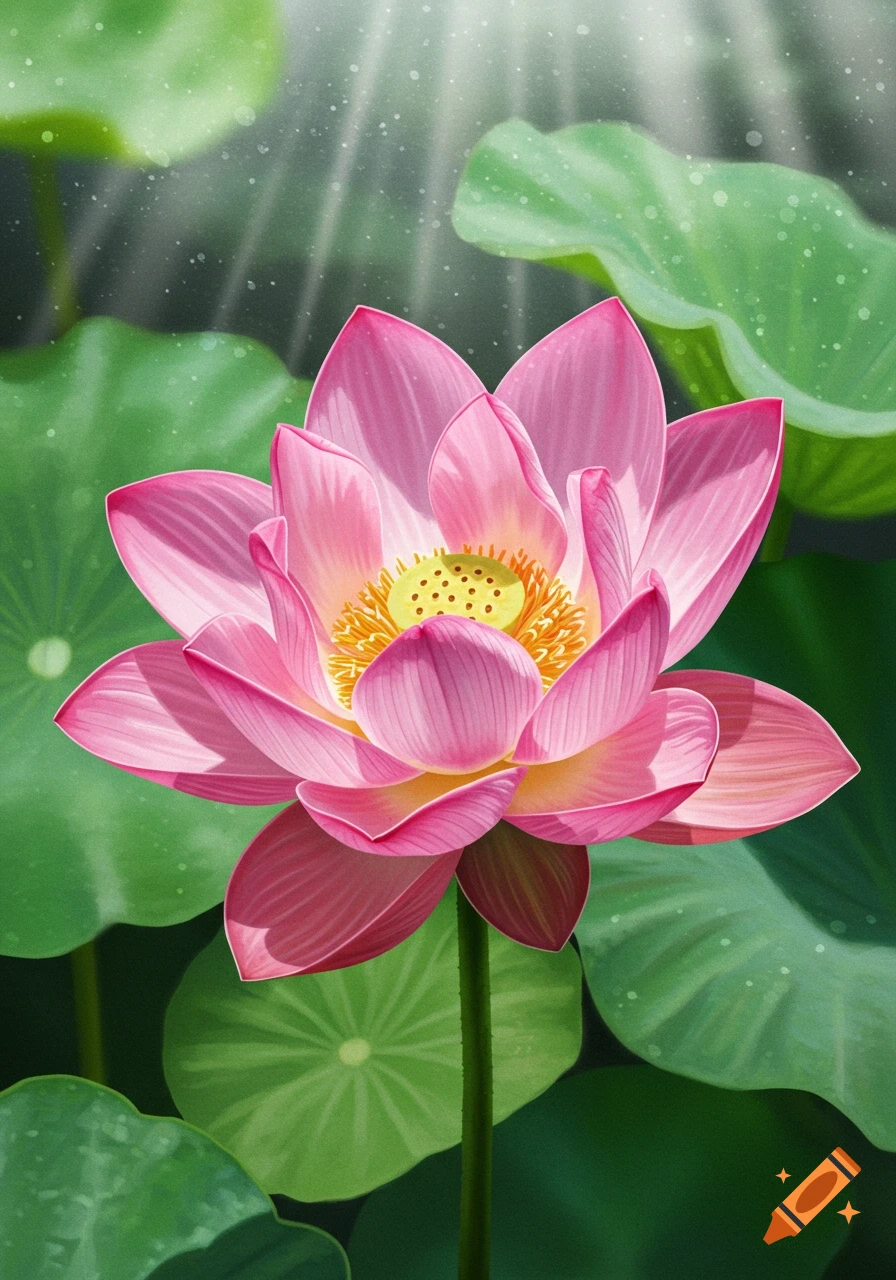 Close-up of a vibrant pink lotus flower surrounded by large green leaves in sunlight.
