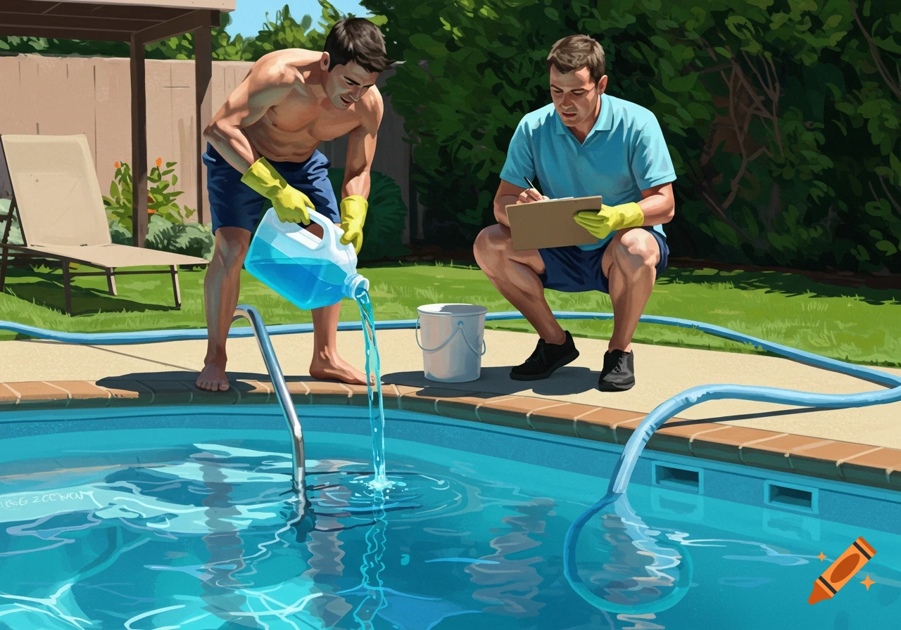 Two men doing pool maintenance, one pouring liquid into pool, the other writing.
