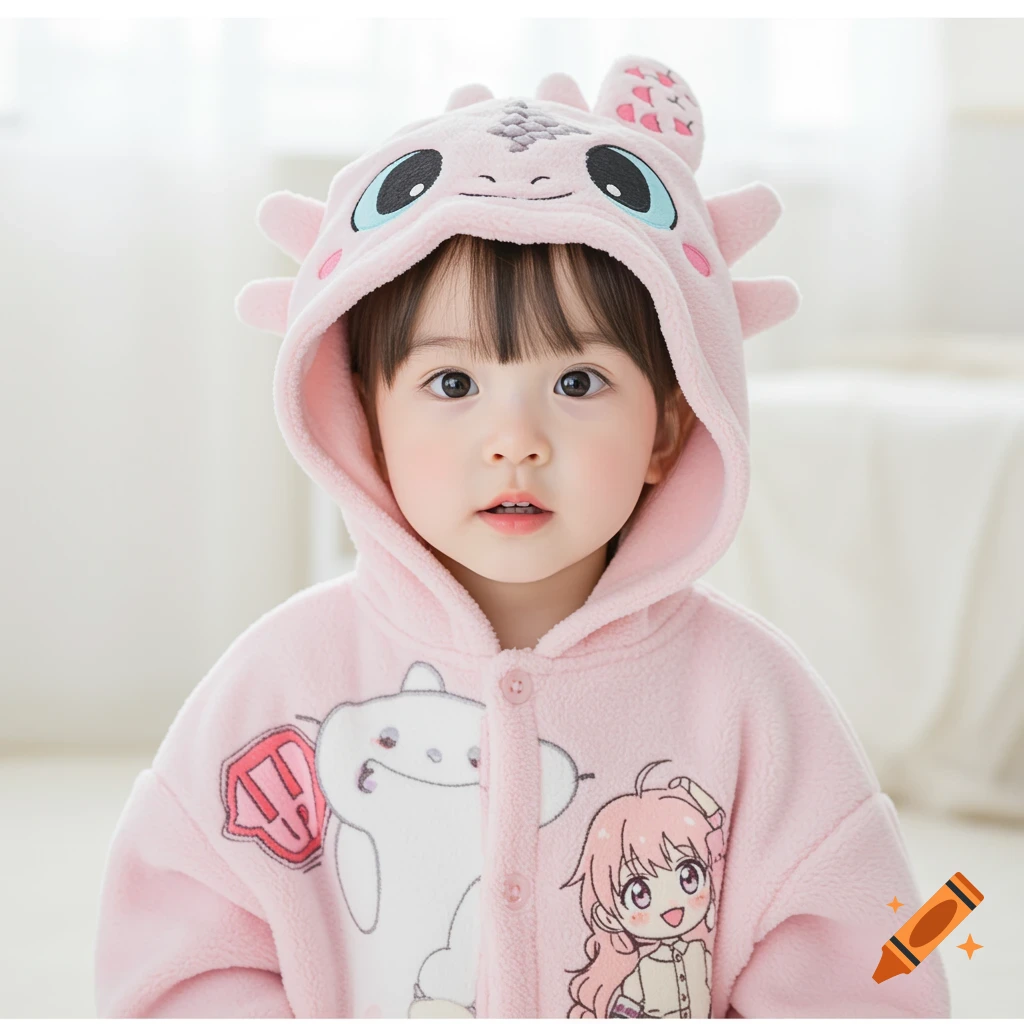 A young child looks at the camera while wearing a pink dragon-themed hooded costume.