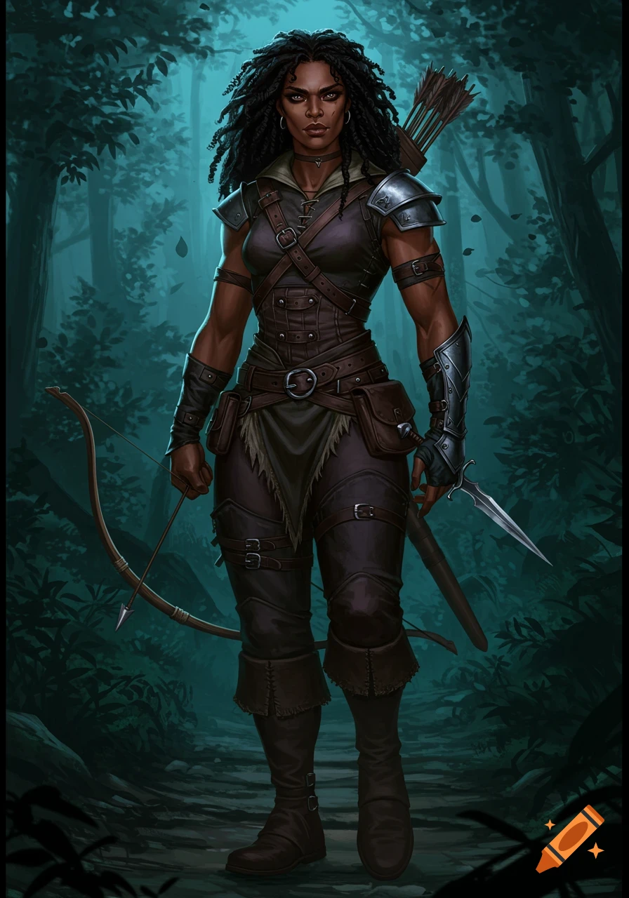 A dark-skinned woman with dreadlocks wearing leather armor and carrying a bow and arrow stands in a forest.