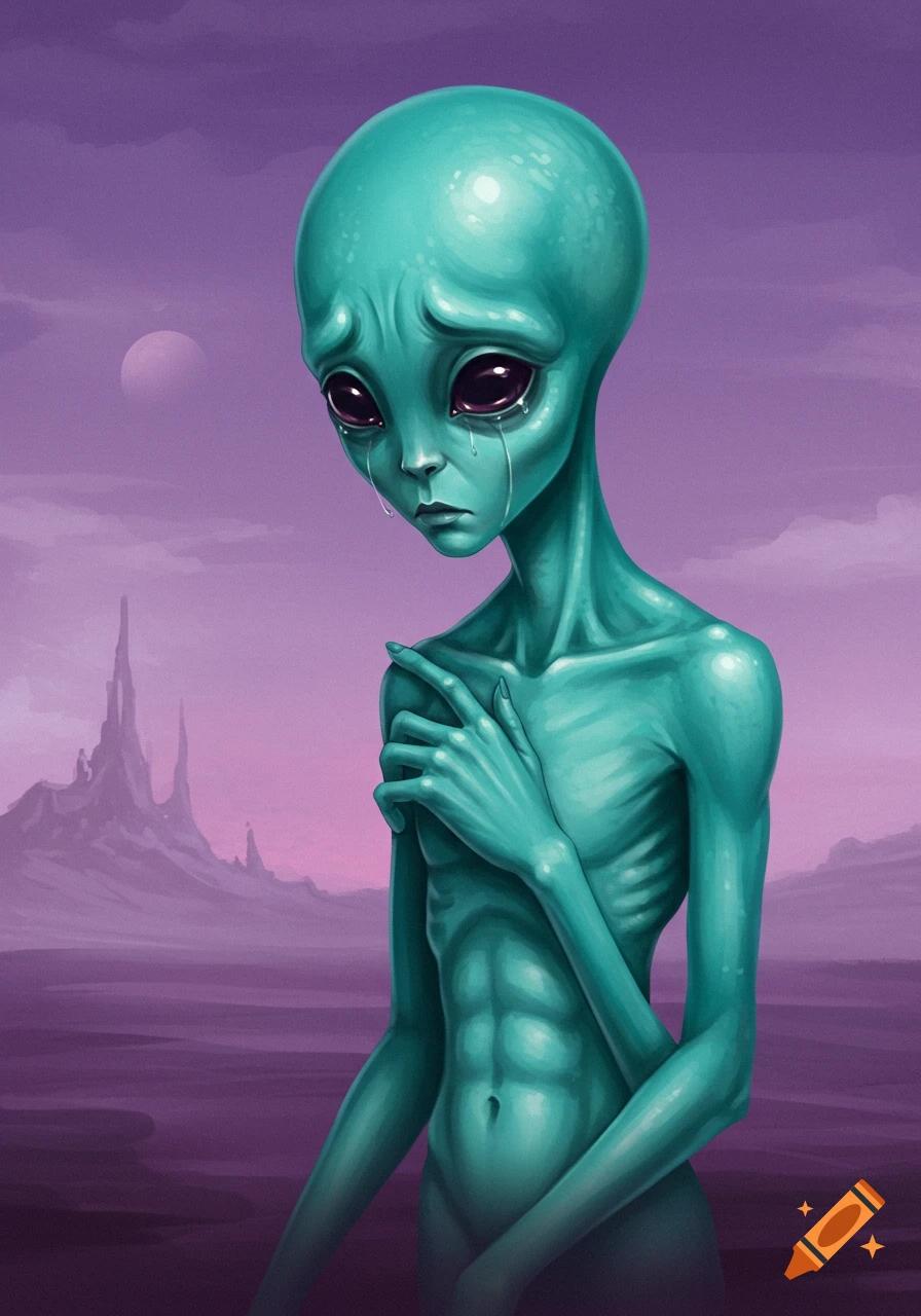 Sad-looking alien figure stands in a desolate purple landscape.