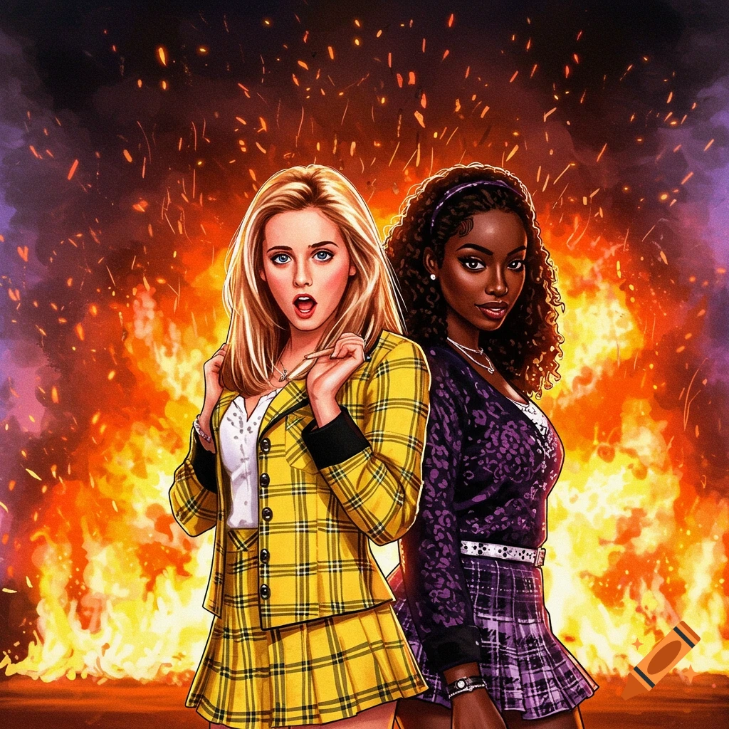 Illustration of two women in 90s fashion (Clueless characters) standing in front of a fire.