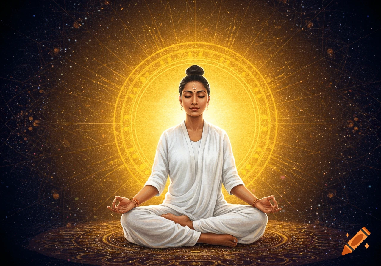 Serene woman in white meditating in lotus pose before glowing golden light, surrounded by cosmic energy.