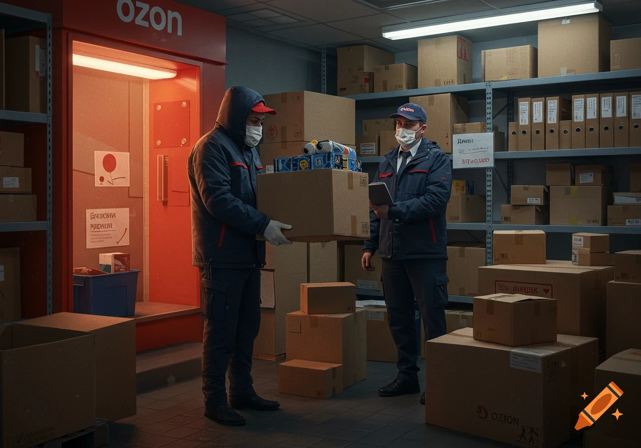 Two delivery workers handle a box in an Ozon warehouse full of packages.