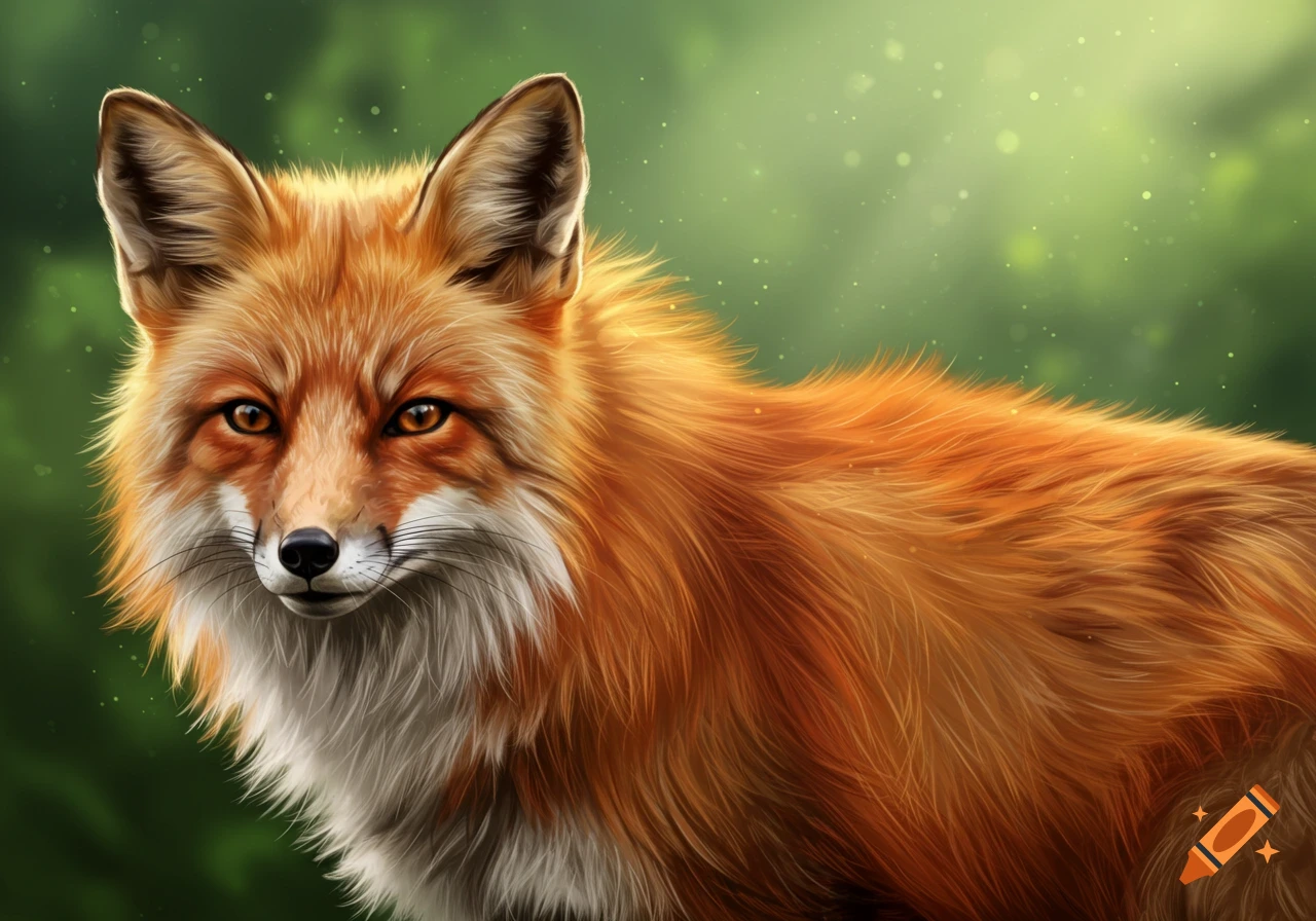 Close up illustration of a red fox with bright eyes in a forest setting.