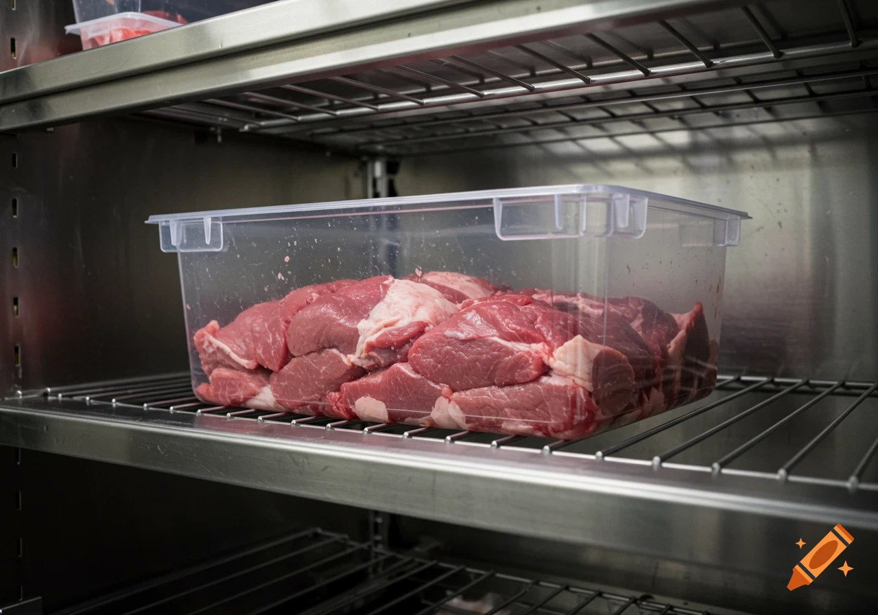 Large plastic container filled with raw red meat sits on a metal shelf in a refrigerator.