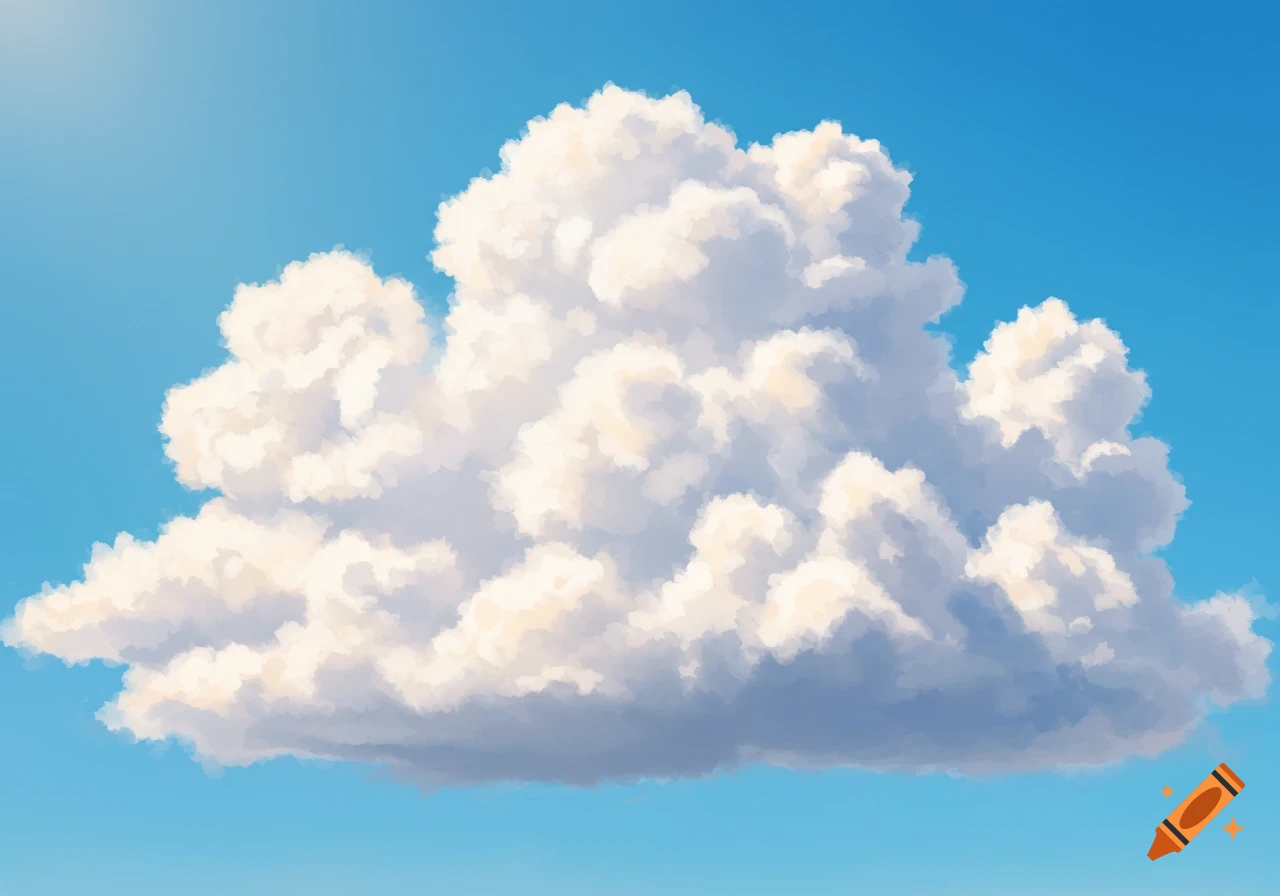 A large, fluffy white cloud against a bright blue sky, in an illustrated style.