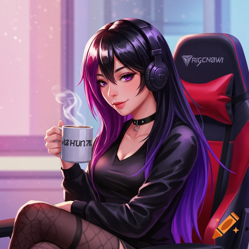 Anime girl with purple hair streaks, headphones, in a gaming chair holding a coffee mug.