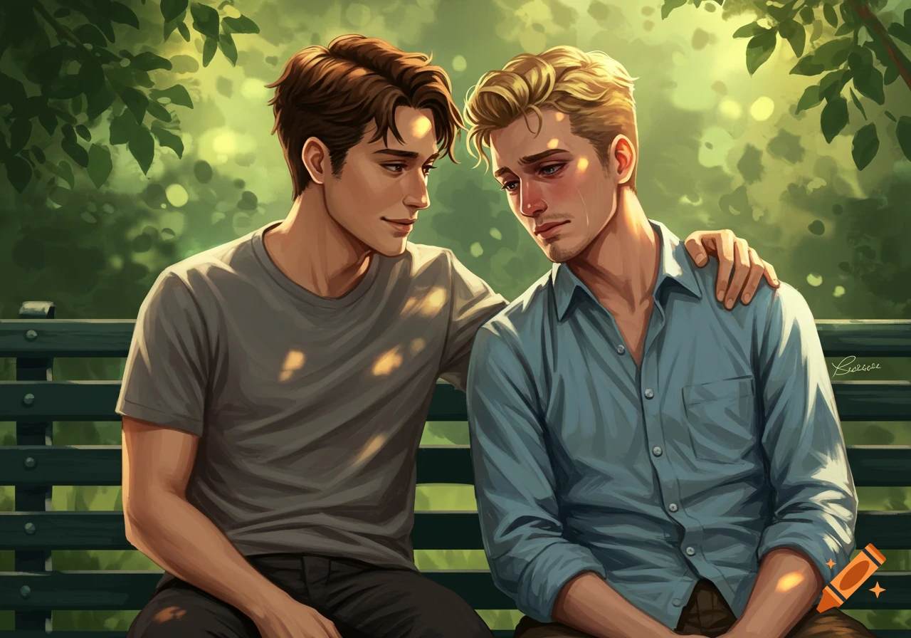 Illustration of two men on a bench, one comforting the crying other