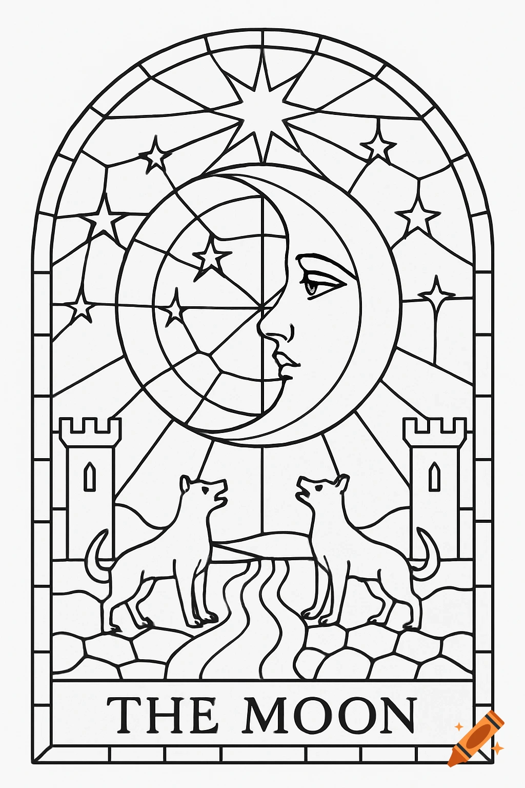Black and white line art depicting the Moon tarot card in stained glass style with a moon face, stars, towers, wolves, and title.