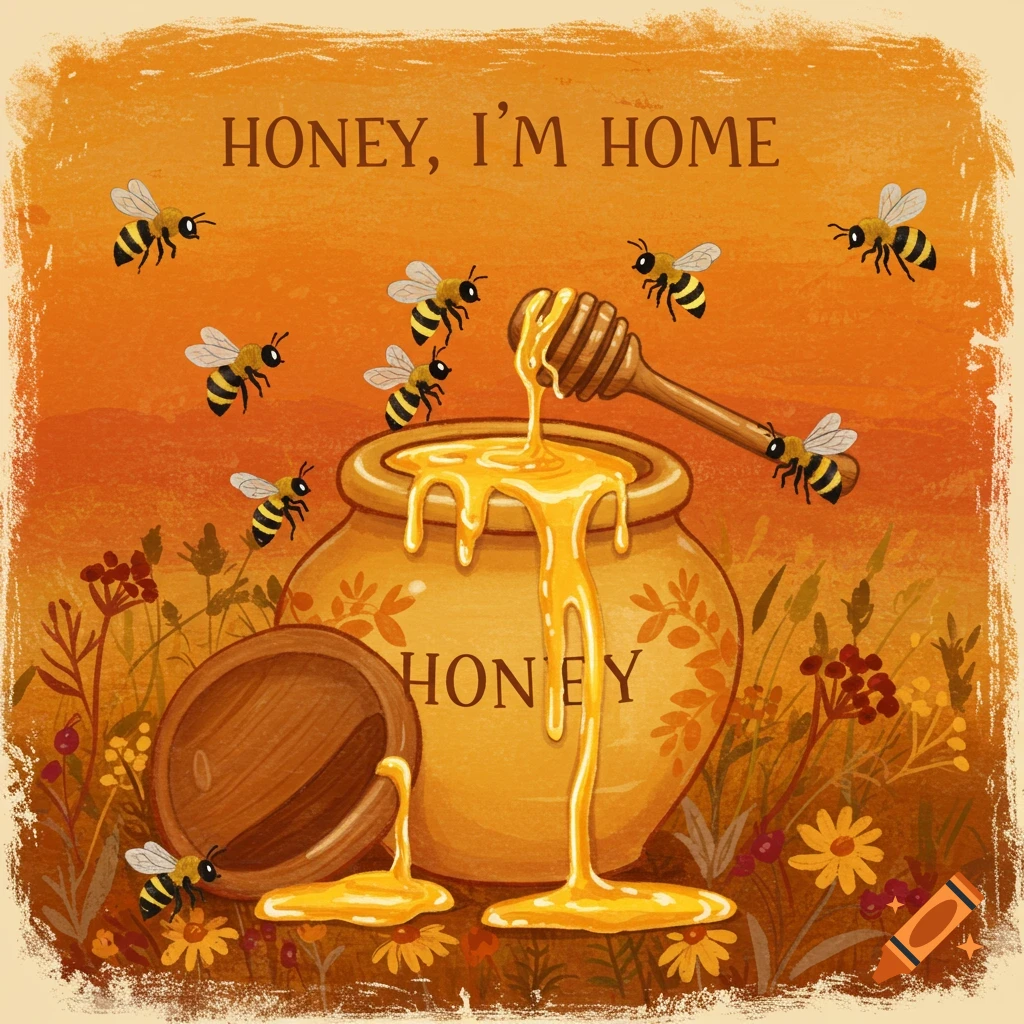 Illustration of a honey pot overflowing with honey, surrounded by flying bees and autumn flowers.