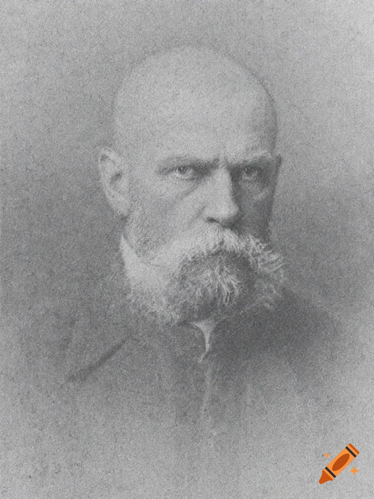 Black and white portrait of a bald man with a large beard