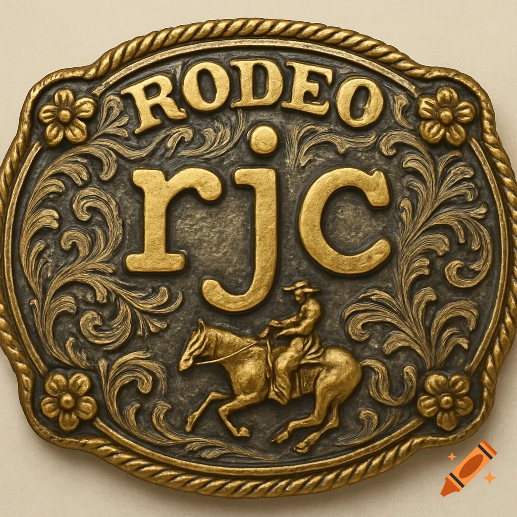 Antique style rodeo belt buckle with 'RODEO', 'rjc', and a cowboy riding a horse.