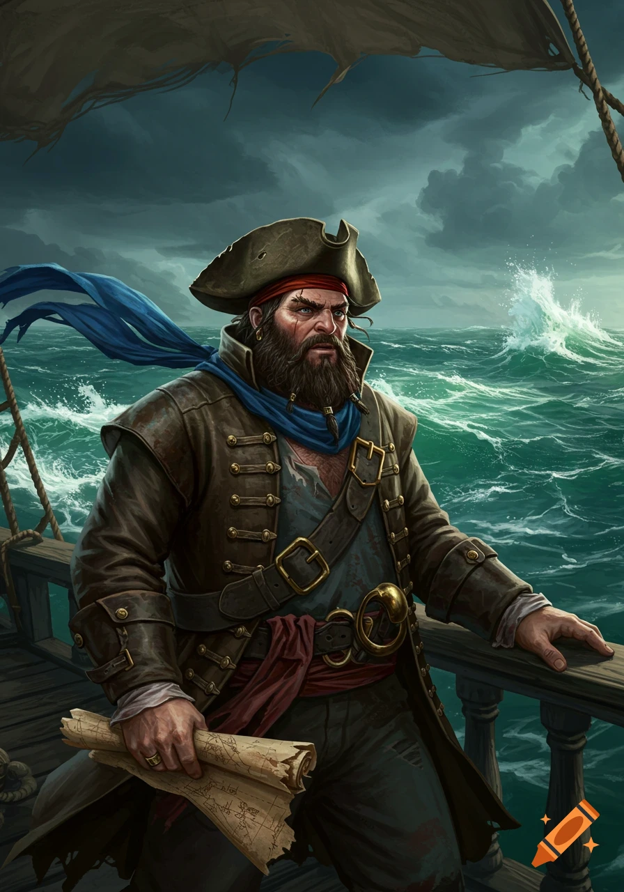 Illustration of a bearded pirate on a ship deck during a storm, holding a map.