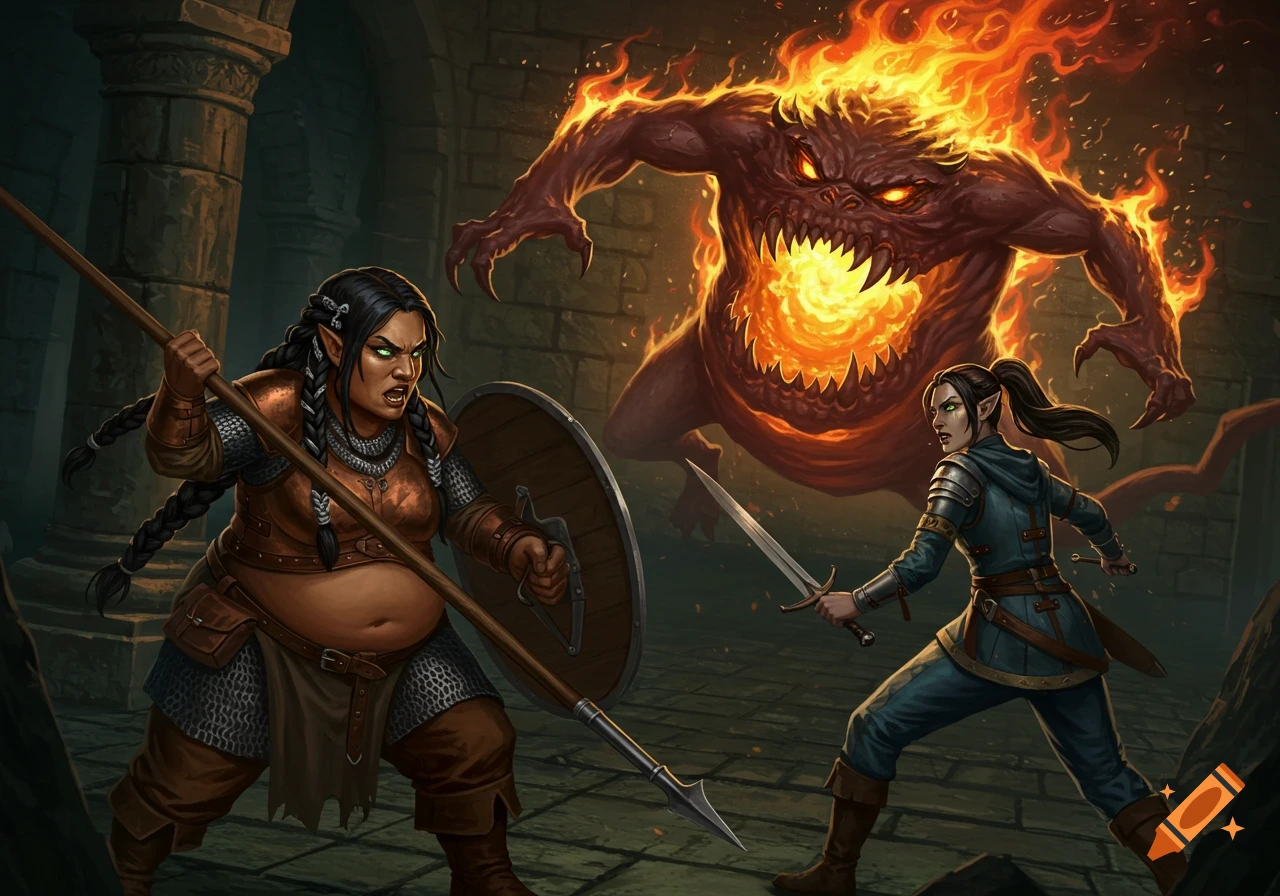 Two adventurers battle a fiery monster in a dark fantasy dungeon.