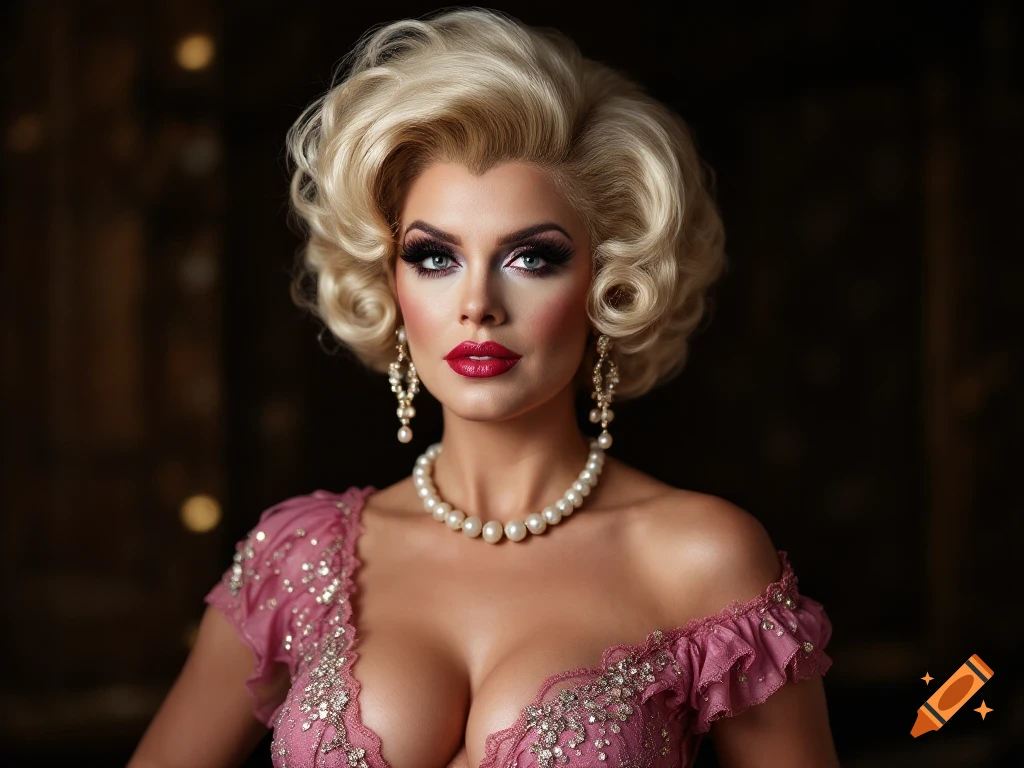 Photorealistic portrait of a glamorous woman in heavy makeup, pearls, and a pink sparkly dress.