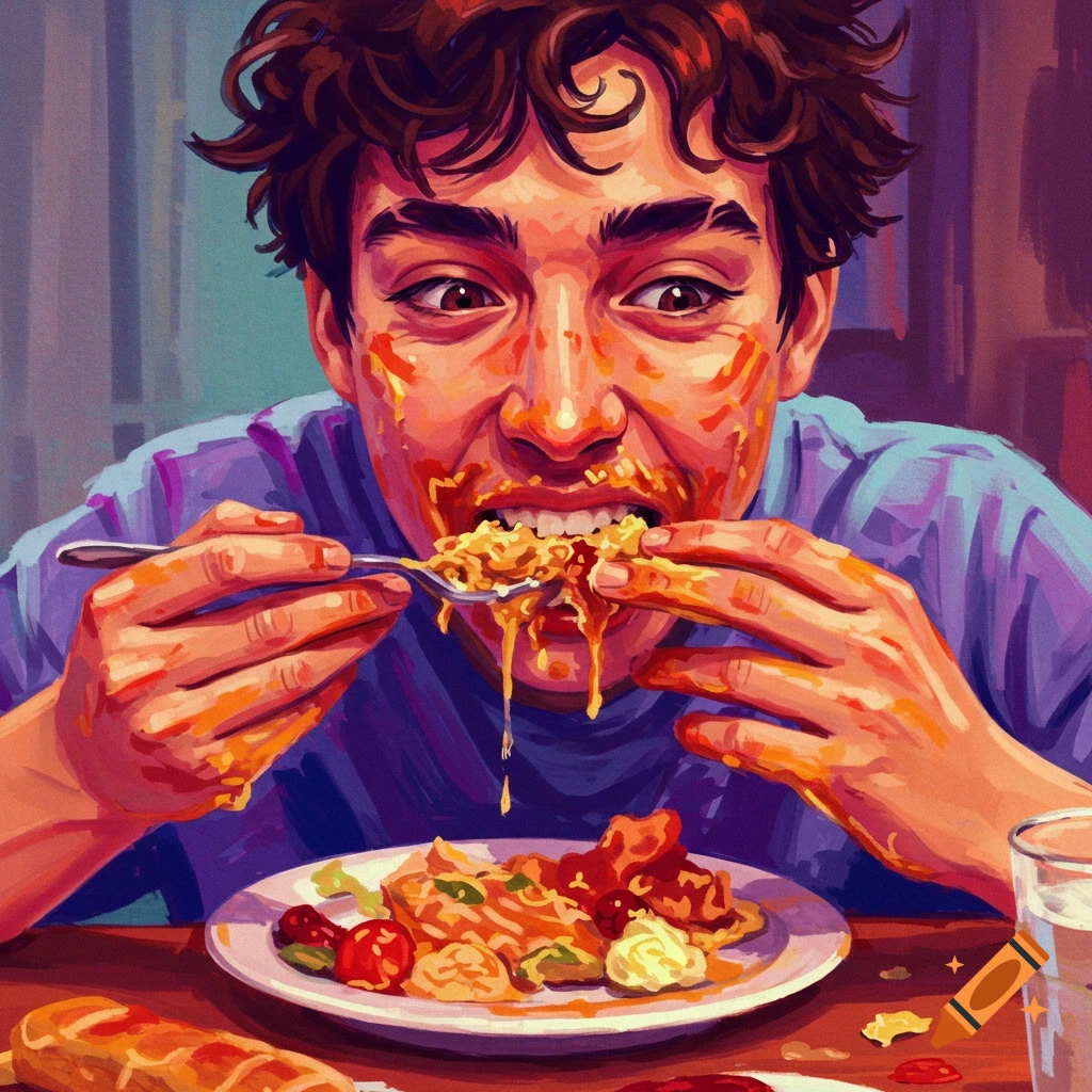 Close-up illustration of a person eating food messily with a fork.