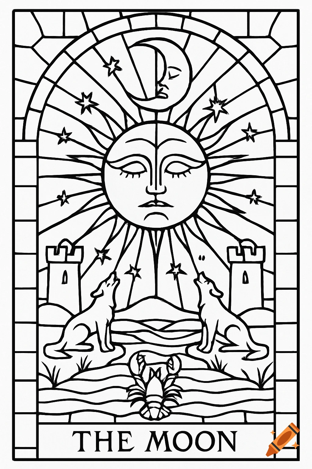 Black and white stained glass style illustration of the Moon tarot card with sun, moon, stars, towers, wolves, and a lobster.