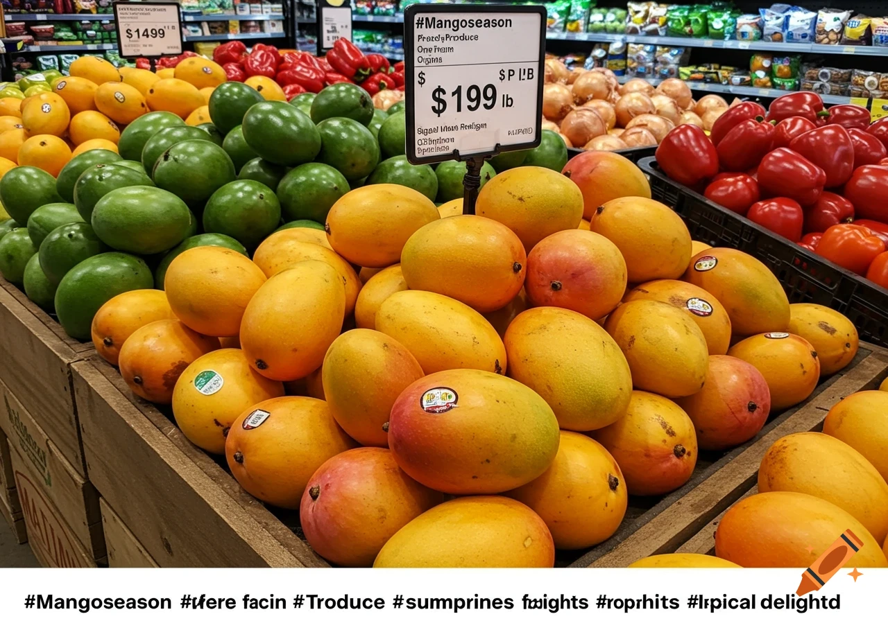 A display of ripe mangoes, green mangoes, and other produce in a grocery store. A sign indicates a price for the mangoes.