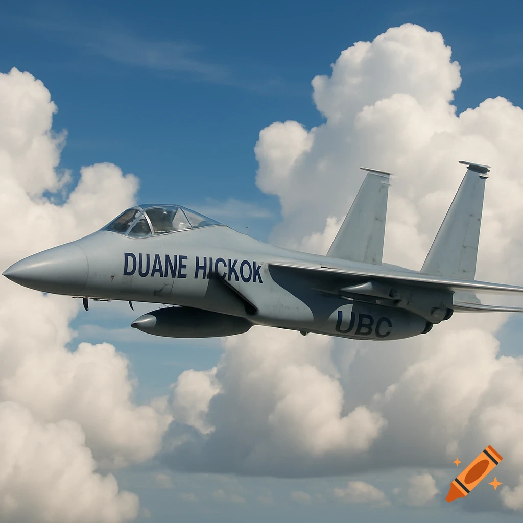 A grey jet airplane with the words "DUANE HICKOK UBC" on its side flies through clouds in a blue sky.
