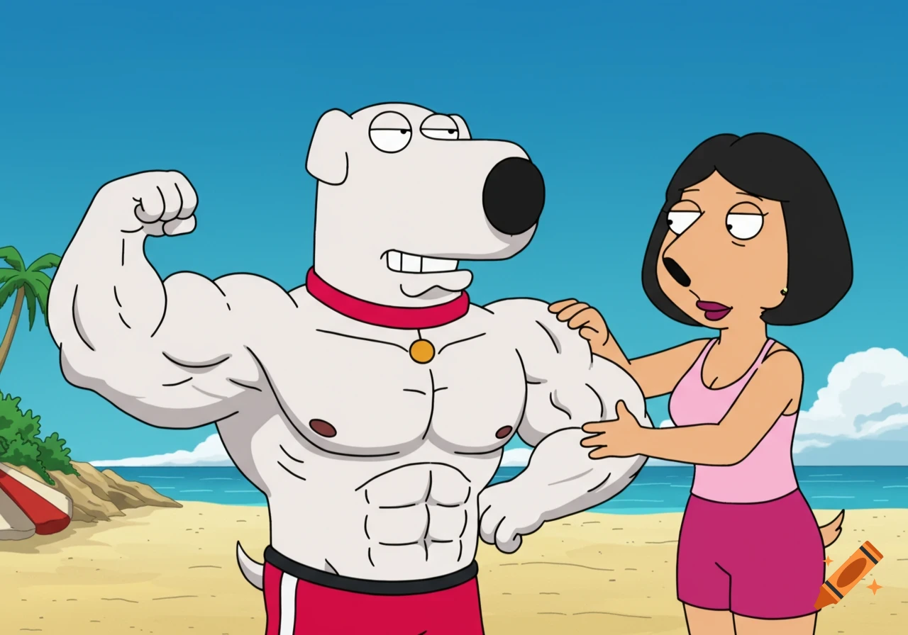 Brian from Family Guy flexing muscles on a beach with a female dog, in cartoon style.