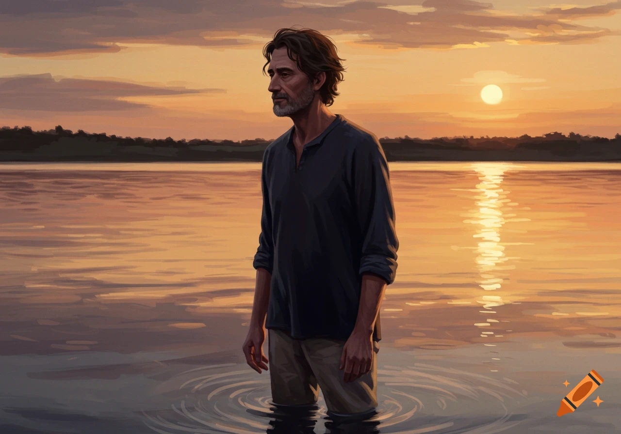 An illustration of a man standing in water at sunset.