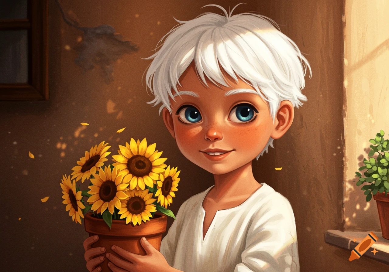 A stylized illustration of a boy with white hair and blue eyes holding sunflowers.
