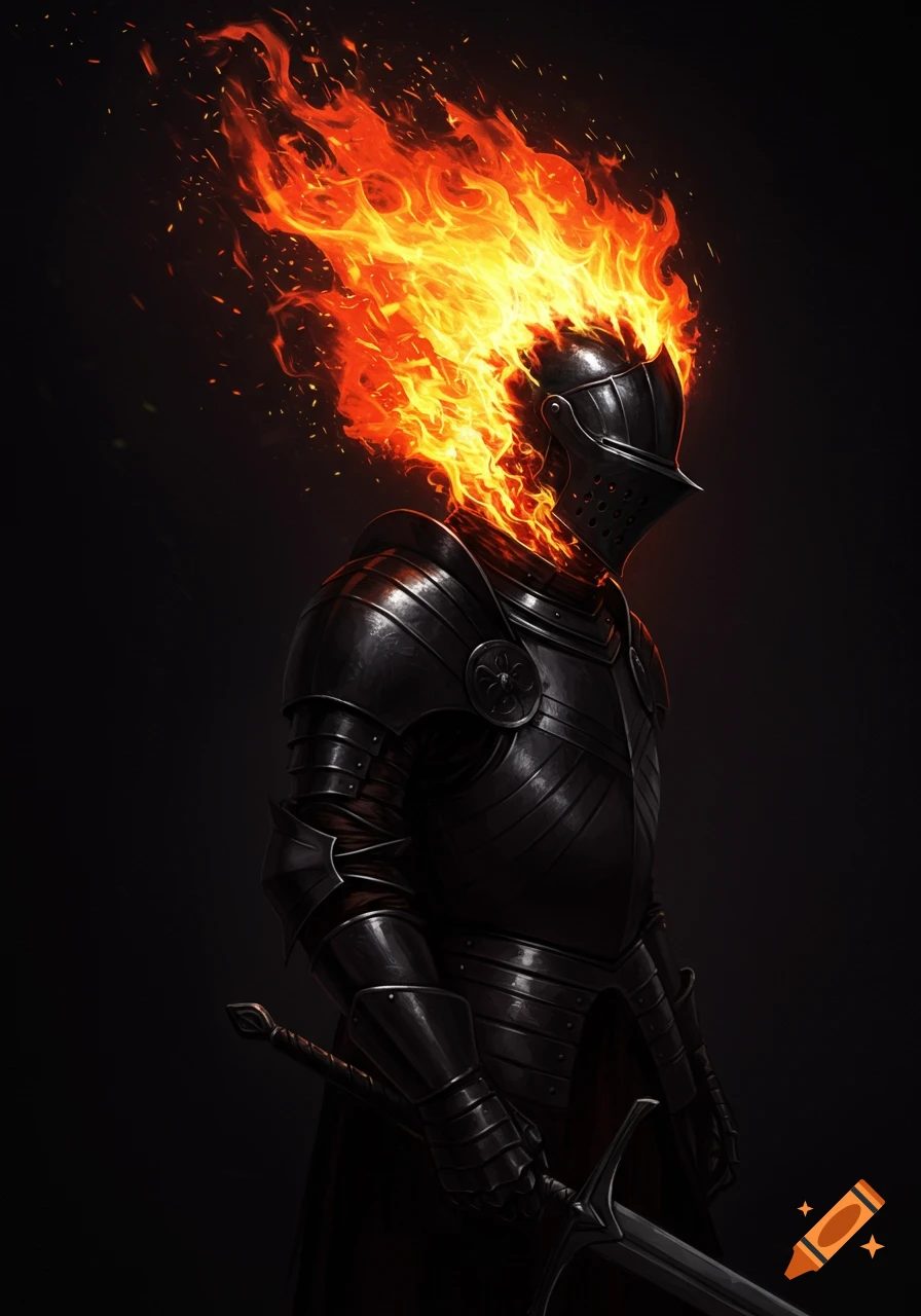 Dark fantasy illustration of a knight in black armor with a burning head, holding a sword.