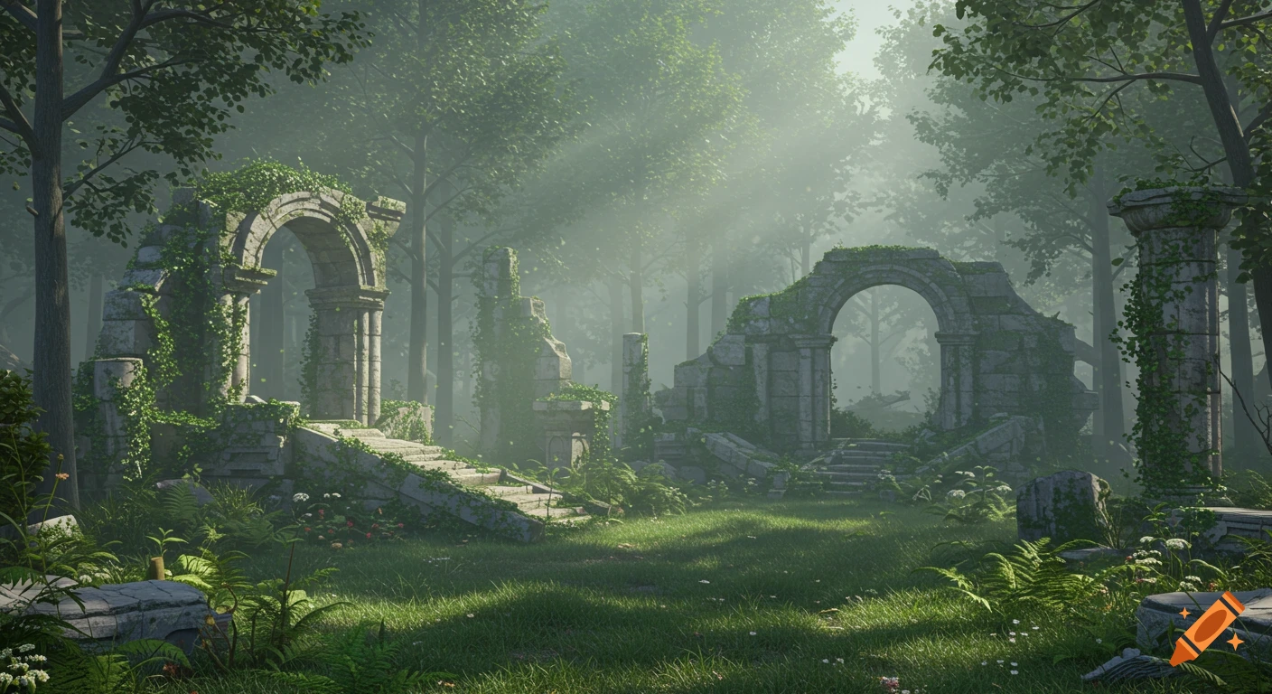 A serene forest clearing with ancient stone ruins overgrown by nature, bathed in sunlight filtering through trees.