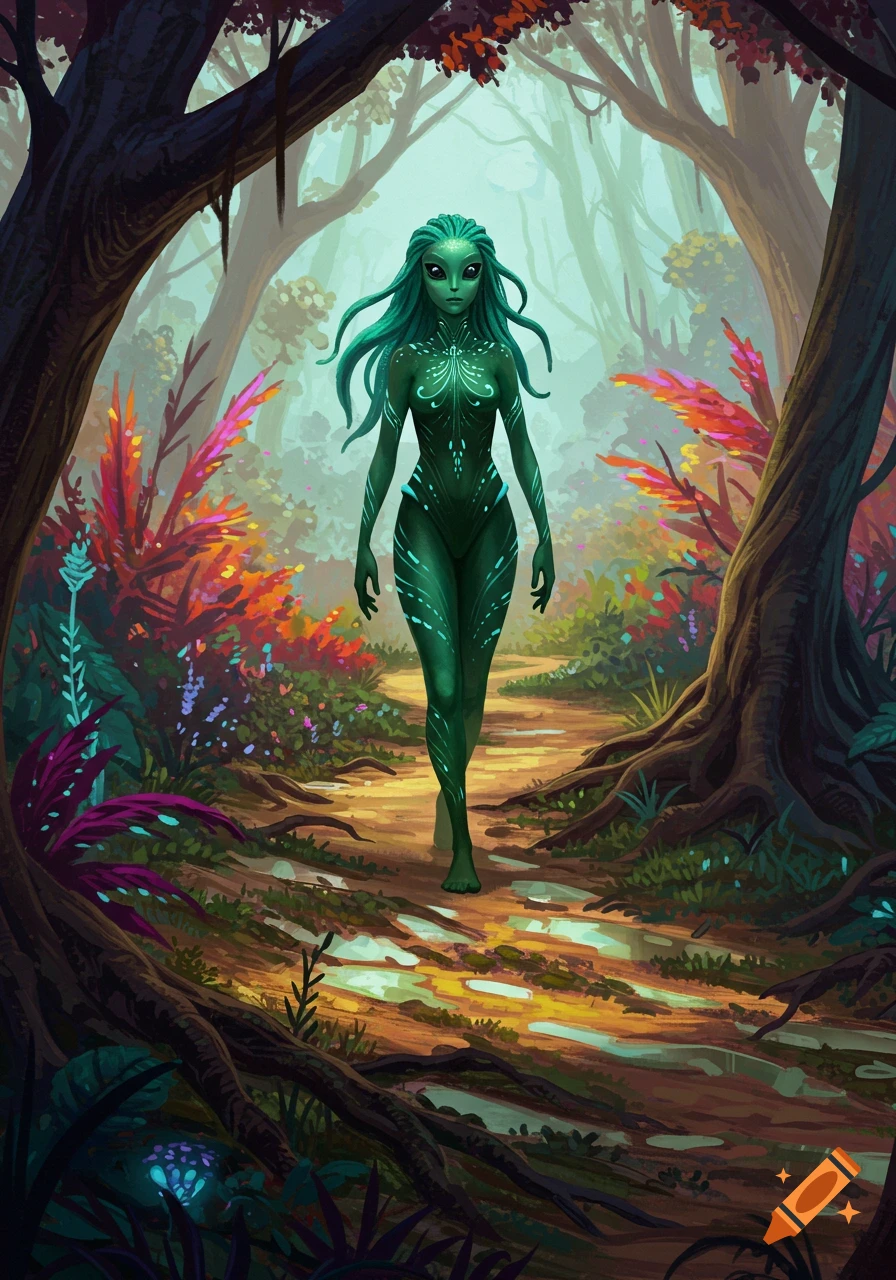 A green alien woman with black eyes walks on a forest trail.