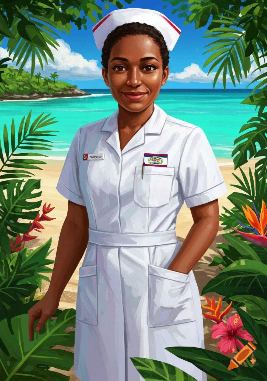 Illustration of a nurse in a white uniform standing on a tropical beach surrounded by lush foliage.