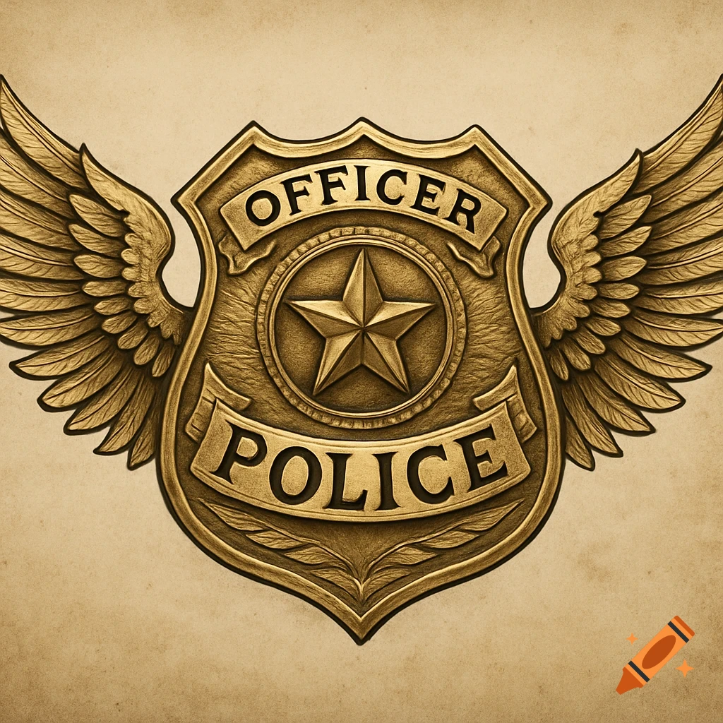 A detailed gold police badge with outstretched wings, engraved with the words OFFICER and POLICE, set against a textured sepia background.